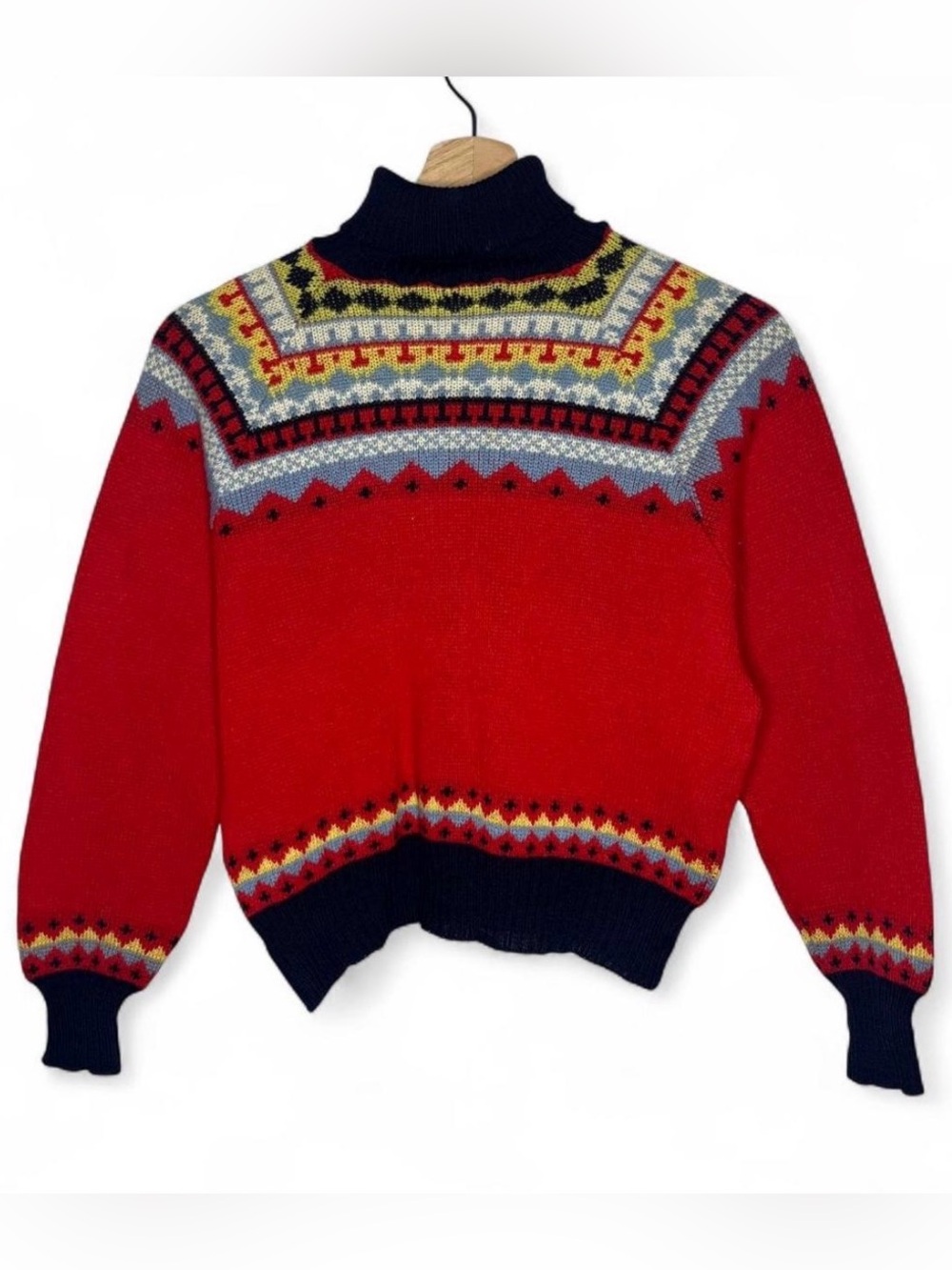 50s Vintage Figgjo Red Wool Fair Isle Turtleneck Sweater Size 14 Ski Winter